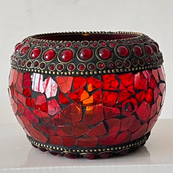 Radiant Elegance: Retro Mosaic Candle Holder / Vase with Brass & Rhinestone Trim - Picture 9 of 13